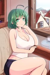 Rule 34 | 1girl, adda, aged up, antennae, arm rest, book, bookshelf, breasts, chair, cleavage, collarbone, commentary request, covered erect nipples, day, green eyes, green hair, head rest, highres, house, indoors, large breasts, looking at viewer, midriff, no bra, open window, short shorts, shorts, sitting, smile, solo, tank top, tea, thighs, touhou, window, wriggle nightbug