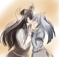 Rule 34 | 10s, 2girls, ^ ^, animal ears, antlers, bad id, bad pixiv id, bird tail, black gloves, black hair, blonde hair, blush, brown hair, closed eyes, couple, face-to-face, fingerless gloves, from side, fur collar, gloves, grey hair, grey shirt, grin, hand up, happy, highres, holding hands, horns, interlocked fingers, jietou, kemono friends, layered sleeves, long hair, long sleeves, low ponytail, moose (kemono friends), moose ears, multicolored hair, multiple girls, open mouth, shirt, shoebill (kemono friends), short over long sleeves, short sleeves, side ponytail, sketch, smile, sweater, tail, upper body, yuri