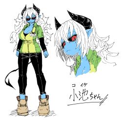 Rule 34 | 1girl, :&lt;, annoyed, black horns, black pants, black sclera, black sleeves, black tail, blue skin, boots, breasts, brown footwear, character sheet, cleavage, colored sclera, colored skin, demon girl, demon horns, demon tail, green shirt, highres, horns, large breasts, long hair, messy hair, name tag, original, pants, pointy ears, portrait, red eyes, shirt, store clerk, tail, white background, white hair, yellow shirt, zyugoya