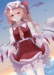 Rule 34 | 1girl, absurdres, bloomers, clothes lift, cloud, crystal, day, dutch angle, eyes visible through hair, flandre scarlet, gradient sky, hat, highres, hisu (hisu ), lifted by self, mob cap, nail polish, outdoors, red eyes, red nails, skirt, skirt hold, skirt lift, sky, solo, touhou, underwear, wings
