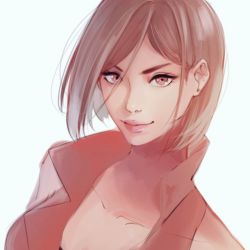 Rule 34 | 1girl, brown eyes, brown hair, collarbone, commentary, english commentary, lipstick, looking at viewer, makeup, meiko (vocaloid), portrait, red shirt, shirt, short hair, simple background, smile, solo, v-shaped eyebrows, vocaloid, yen-mi