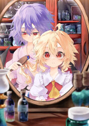 Rule 34 | 2girls, absurdres, ahoge, ascot, blonde hair, blush, brushing another&#039;s hair, brushing hair, calpis118, collarbone, female pov, flandre scarlet, hair brush, highres, holding, holding hair brush, indoors, messy hair, mirror, multiple girls, one side up, pov, puffy short sleeves, puffy sleeves, purple hair, red eyes, reflection, remilia scarlet, short sleeves, siblings, sisters, smile, touhou, yellow ascot