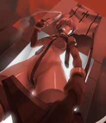 Rule 34 | 1girl, breasts, collar, crotch strap, glowing, glowing eye, gun, highres, hip bones, holding, holding weapon, jiffic, pussy, midriff, pussy, pussy peek, revealing clothes, robot, robot girl, short hair, smoke, smoking barrel, the citadel, thighhighs, thighs, underboob, weapon