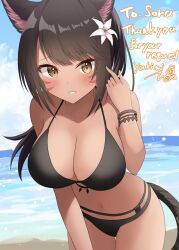 Rule 34 | 1girl, animal ear fluff, animal ears, bare shoulders, beach, bikini, black bikini, black hair, black tail, blush, breasts, commentary, commission, cowboy shot, dark-skinned female, dark skin, day, english commentary, eyes visible through hair, facial mark, final fantasy, final fantasy xiv, flower, grin, hair flower, hair ornament, hand in own hair, hand up, jpeg artifacts, large breasts, leaning forward, looking at viewer, navel, ocean, onabe no shime, original, outdoors, short hair, skeb commission, smile, solo, standing, swimsuit, tail, thank you, white flower, yellow eyes