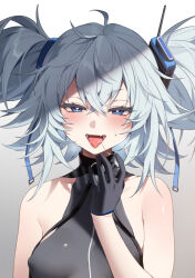 Rule 34 | 1girl, ahoge, arms up, bare shoulders, bechu, blue hair, covered erect nipples, crossed bangs, female focus, girls&#039; frontline, gloves, hair ornament, half gloves, heart, heart-shaped pupils, highres, light blue hair, looking at viewer, messy hair, open mouth, pa-15 (girls&#039; frontline), paid reward available, revision, saliva, saliva trail, shirt, sleeveless, sleeveless shirt, solo, symbol-shaped pupils, twintails, upper body