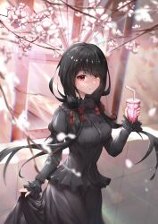 Rule 34 | 1girl, absurdres, black bow, black bowtie, black dress, black hair, blurry, blurry background, bow, bowtie, breasts, che zero, cherry blossoms, closed mouth, commentary request, cup, date a live, disposable cup, dress, drink, drinking straw, frilled dress, frilled sleeves, frills, hand up, heterochromia, highres, holding, holding cup, light smile, long hair, long sleeves, looking at viewer, low twintails, medium breasts, outdoors, red bow, red eyes, skirt hold, solo, tokisaki kurumi, twintails, very long hair, yellow eyes