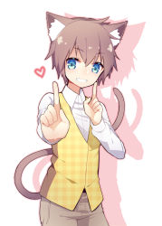 Rule 34 | 1boy, animal ears, blue eyes, blush, brown hair, cat boy, cat ears, cat tail, grin, heart, highres, male focus, muma feifei, original, shirt, simple background, smile, solo, tail, vest, white background