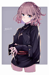 Rule 34 | 1girl, absurdres, black jacket, black sweater, blue eyes, blunt bangs, border, braid, brown hair, closed mouth, cowboy shot, cropped legs, dress, grey background, highres, jacket, jewelry, long sleeves, looking at viewer, medium hair, mochizuki honami, necklace, nuruponnu, open clothes, open jacket, outline, project sekai, sleeves past wrists, solo, sweater, sweater dress, white border, white outline