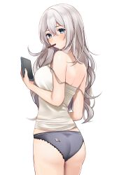 Rule 34 | absurdres, ass, blue eyes, blush, highres, holding, holding phone, panties, pantyhose, phone, ry thae, sanyu (ry thae), torn clothes, torn panties, underwear, white background, white hair