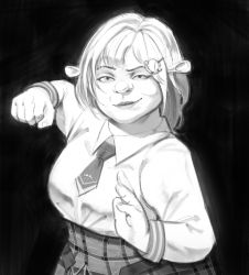 Rule 34 | 1girl, absurdres, black background, fusion, greyscale, highres, hololive, hololive english, incoming attack, incoming punch, monochrome, princess fiona, punching, shrek (series), simple background, solo, virtual youtuber, watson amelia, xyanaid