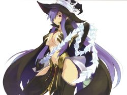 Rule 34 | 1girl, absurdres, blue hair, blush, breasts, cape, cleavage, crown, earrings, elbow gloves, fatima, gloves, hair over one eye, hat, highres, holding, jewelry, large breasts, legs, long hair, looking at viewer, luminous arc, luminous arc 2, midriff, official art, pendant, purple eyes, shibano kaito, sidelocks, simple background, smirk, solo, thighhighs, thighs, very long hair, whip, white background, witch, witch hat