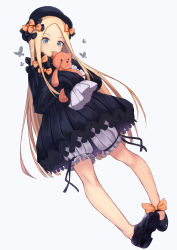 Rule 34 | 1girl, abigail williams (fate), black bow, black dress, black footwear, black hat, blonde hair, bloomers, blue eyes, bow, bug, butterfly, commentary request, dress, dutch angle, fate/grand order, fate (series), forehead, full body, hair bow, hat, highres, hugging object, insect, itachi kanade, long hair, long sleeves, looking at viewer, mary janes, orange bow, parted bangs, parted lips, polka dot, polka dot bow, shoes, simple background, sleeves past wrists, solo, stuffed animal, stuffed toy, teddy bear, underwear, very long hair, white background, white bloomers