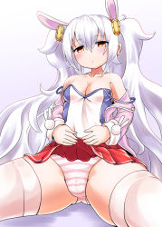 Rule 34 | 1girl, animal ears, azur lane, bare shoulders, blush, breasts, brown eyes, camisole, closed mouth, clothes lift, collarbone, commentary request, hair between eyes, hair ornament, hairband, jacket, laffey (azur lane), lifted by self, long hair, long sleeves, looking at viewer, medium breasts, off shoulder, optronics, panties, pink jacket, pleated skirt, rabbit ears, red hairband, red skirt, sidelocks, silver hair, sitting, skirt, skirt lift, solo, spread legs, striped clothes, striped panties, thighhighs, twintails, underwear, very long hair, white camisole, white thighhighs