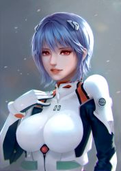 Rule 34 | 1girl, absurdres, ayanami rei, blue hair, breasts, collarbone, hair between eyes, highres, interface headset, large breasts, lipstick, looking at viewer, makeup, mixed-language commentary, neon genesis evangelion, parted lips, plugsuit, red lips, short hair, skin tight, solo, teeth, upper body, yongning