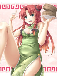Rule 34 | 1girl, bad id, bad pixiv id, bamboo steamer, bare shoulders, bow, braid, china dress, chinese clothes, cleavage cutout, clothing cutout, double bun, dress, female focus, green eyes, hong meiling, long hair, mochi.f, open mouth, red hair, solo, embodiment of scarlet devil, touhou, twin braids
