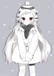 Rule 34 | 10s, 1girl, abyssal ship, alternate costume, blush, coat, colored skin, hat, kantai collection, long hair, looking at viewer, masuishi kinoto, mittens, northern ocean princess, red eyes, scarf, shima (shima je), simple background, snowing, solo, v arms, white hair, white skin