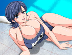 Rule 34 | 1girl, blue eyes, blue hair, breasts, breasts squeezed together, bursting breasts, cleavage, female focus, hokuou fuhai, huge breasts, looking at viewer, lying, matching hair/eyes, miki (viper), on side, one-piece swimsuit, pool, poolside, school swimsuit, shiny skin, short hair, smile, solo, swimsuit, thighs, viper ctr
