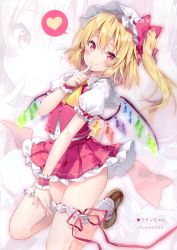 Rule 34 | 1girl, absurdres, ascot, blonde hair, bow, brown footwear, buttons, closed mouth, dress, flandre scarlet, hand up, hat, highres, index finger raised, long hair, looking at viewer, mob cap, puffy short sleeves, puffy sleeves, red bow, red eyes, red skirt, ribbon, riichu, scan, shiny skin, shoes, short dress, short sleeves, skirt, smile, socks, solo, thigh strap, thighs, touhou, white socks, wings, wrist cuffs, zoom layer