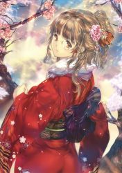 Rule 34 | 1girl, absurdres, brown eyes, brown hair, fur trim, glasses, hair ornament, highres, japanese clothes, kimono, looking at viewer, min-naraken, obi, original, outdoors, parted lips, sash, scan, solo, wide sleeves