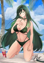 Rule 34 | 1girl, alchemy stars, bare arms, bare legs, bare shoulders, barefoot, beach, bikini, blue sky, breasts, choker, cleavage, cloud, commentary, cup, day, disposable cup, drinking straw, fedora, green bikini, green choker, green eyes, green hair, groin, hair between eyes, hat, highres, kneeling, koming, large breasts, long hair, looking at viewer, migard (alchemy stars), navel, o-ring, o-ring bikini, ocean, sky, smile, solo, stomach, swimsuit, thighs, tree, unworn hat, unworn headwear, very long hair, white hat
