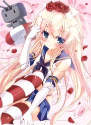 Rule 34 | 10s, 1girl, blonde hair, blue eyes, blue skirt, blush, elbow gloves, flower, gloves, hair flower, hair ornament, kantai collection, lifebuoy, long hair, looking at viewer, petals, pink background, rensouhou-chan, rinka (yuyutei), rose, shimakaze (kancolle), skirt, striped clothes, striped thighhighs, swim ring, thighhighs, white gloves