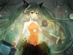 Rule 34 | 1girl, bad id, bad pixiv id, clock, fingerless gloves, gloves, green eyes, green hair, hatsune miku, headphones, long hair, matching hair/eyes, mavis, odds &amp; ends (vocaloid), project diva (series), project diva f, robot, smile, solo, twintails, very long hair, vocaloid