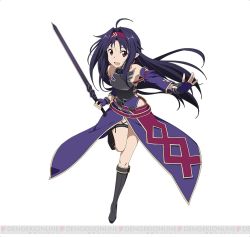 Rule 34 | 10s, 1girl, armor, black hair, boots, breastplate, brown eyes, detached sleeves, fingerless gloves, full body, gloves, hairband, holding, holding sword, holding weapon, knee boots, long hair, looking at viewer, open mouth, pointy ears, purple gloves, simple background, solo, sword, sword art online, sword art online: code register, watermark, weapon, white background, yuuki (sao)