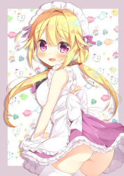 Rule 34 | 1girl, apron, ass, blonde hair, blush, fang, from behind, gau (n00 shi), highres, long hair, looking at viewer, looking back, magia record: mahou shoujo madoka magica gaiden, mahou shoujo madoka magica, maid headdress, mitsuki felicia, panties, pantyshot, purple eyes, skirt, solo, thighhighs, twintails, underwear, white thighhighs