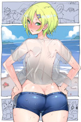 Rule 34 | 1girl, amagami sora, ass, bareteru! cocktail knights, blonde hair, blue shorts, blush, butt crack, fang, green eyes, hair between eyes, hair ornament, hands on own hips, highres, innertube, looking back, open mouth, see-through, see-through shirt, shiny clothes, shiny skin, shirt, short shorts, shorts, skin fang, smile, solo focus, starfish, sweat, swim ring, takayama toshinori, wet, wet clothes, wet hair, wet shirt, wet shorts, white shirt
