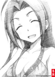 Rule 34 | 1girl, ^ ^, bare shoulders, breasts, cleavage, closed eyes, closed eyes, gofu, greyscale, idolmaster, idolmaster (classic), long hair, miura azusa, monochrome, open mouth, sketch, smile, solo, traditional media