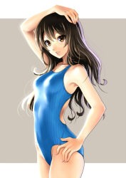 Rule 34 | 1girl, arm up, blue one-piece swimsuit, breasts, brown eyes, brown hair, competition swimsuit, cowboy shot, fingernails, hand on own head, hand on own hip, katahira masashi, long fingernails, long hair, looking at viewer, one-piece swimsuit, original, parted lips, simple background, small breasts, smile, solo, striped clothes, striped one-piece swimsuit, swimsuit, vertical-striped clothes, vertical-striped one-piece swimsuit