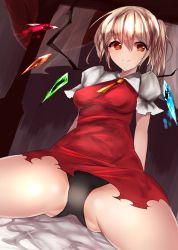 Rule 34 | 1girl, bad id, bad pixiv id, black panties, blonde hair, commentary request, dress, flandre scarlet, gradient background, highres, moruchi (rinaka moruchi), panties, puffy short sleeves, puffy sleeves, red dress, red eyes, shirt, short sleeves, side ponytail, sitting, smile, solo, spread legs, torn clothes, touhou, underwear, upskirt, wings