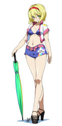 Rule 34 | 1girl, alice margatroid, bare legs, blonde hair, breasts, cleavage, closed umbrella, crossed legs, full body, hairband, high heels, hyouju issei, looking at viewer, medium breasts, navel, planted, planted umbrella, platform footwear, platform heels, race queen, short hair, shorts, simple background, smile, solo, standing, touhou, umbrella, watson cross, yellow eyes