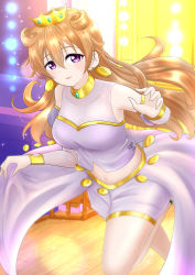 Rule 34 | 1girl, absurdres, artist name, artist request, bare legs, blush, bow, bracelet, breasts, brown hair, butterfly (love live!), choker, cleavage, clothing cutout, collarbone, cropped shirt, crown, detached sleeves, double bun, dress, dress shirt, earrings, female focus, floating hair, gold bracelet, hair between eyes, hair bun, hair rings, harem outfit, highres, holding, holding clothes, holding dress, jewelry, konoe kanata, long hair, looking at viewer, love live!, love live! nijigasaki high school idol club, love live! school idol festival, medium breasts, navel, outdoors, parted lips, puffy short sleeves, puffy sleeves, purple bow, purple eyes, purple ribbon, purple shirt, purple shorts, ribbon, shirt, short sleeves, shorts, shoulder cutout, smile, solo, sparkle, standing, standing on one leg, two side up, white background, yellow bracelet, yellow choker