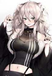 Rule 34 | 1girl, ahoge, animal ears, black jacket, black shirt, breasts, claw pose, cleavage, crop top, ear piercing, fang, fur-trimmed jacket, fur trim, grey eyes, grey skirt, hair between eyes, hands up, highres, hololive, jacket, jewelry, large breasts, lion ears, lion girl, long hair, long sleeves, looking at viewer, lsialey, messy hair, midriff, navel, necklace, off shoulder, parted lips, piercing, see-through, see-through cleavage, shirt, shishiro botan, shishiro botan (1st costume), sidelocks, silver hair, skin tight, skirt, sleeveless, sleeveless shirt, solo, two side up, virtual youtuber, zipper skirt