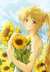 Rule 34 | 1girl, ahoge, blonde hair, bocchi the rock!, commentary request, dress, flower, grin, highres, holding, holding flower, ijichi nijika, long hair, looking at viewer, one side up, red eyes, smile, solo, sundress, sunflower, upper body, white dress, yellow flower, zuzu (wckd7545)
