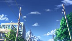 Rule 34 | blue sky, building, cloud, commentary request, day, manatsu no yo no inmu, no humans, outdoors, power lines, scenery, sky, tree, tyb (inmu), utility pole