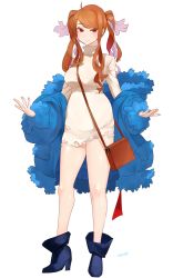 Rule 34 | 1girl, ahoge, ankle boots, bag, between breasts, blue coat, blue footwear, boots, breasts, brown eyes, brown hair, closed mouth, coat, commission, contrapposto, dress, full body, high heel boots, high heels, highres, large breasts, looking at viewer, off shoulder, open clothes, open coat, original, quad tails, ryusei hashida, short dress, shoulder bag, sidelocks, signature, simple background, smile, solo, standing, strap between breasts, sweater, sweater dress, torn clothes, torn dress, torn sweater, twintails, white background, white dress, white sweater