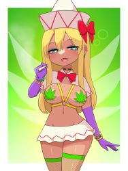 Rule 34 | 1girl, :d, blonde hair, bloodshot eyes, blue eyes, blush, bow, bracelet, breasts, dark skin, elbow gloves, fairy wings, fishnet thighhighs, fishnets, gloves, gradient background, green background, half-closed eyes, hat, highres, jewelry, joint (drug), large breasts, lily white, long hair, looking at viewer, marijuana, cannabis print, navel, open mouth, simple background, smile, solo, tan, thighhighs, touhou, wings, zakku (kya--193)