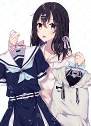 Rule 34 | 1girl, black hair, blue dress, blush, bow, braid, clothes hanger, clothes in front, collarbone, commentary request, drawstring, dress, fujiwara hajime, grey hoodie, hair between eyes, hair bow, hair ornament, hairclip, hands up, highres, holding, holding clothes hanger, hood, hood down, hooded jacket, hoodie, idolmaster, idolmaster cinderella girls, jacket, long hair, looking at viewer, md5 mismatch, minamiya mia, open mouth, purple bow, red eyes, resolution mismatch, sailor collar, sailor dress, sleeveless, sleeveless hoodie, solo, source larger, striped clothes, striped jacket, white background, white sailor collar