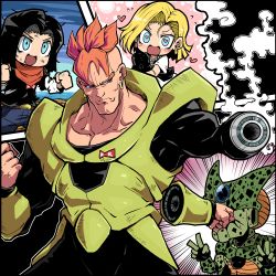 Rule 34 | 1girl, 2boys, android, android 16, android 17, android 18, black hair, blonde hair, blue eyes, brother and sister, brown hair, cell (dragon ball), clenched hand, collarbone, colored skin, denim, disembodied hand, double v, dragon ball, dragonball z, earrings, face punch, gloves, green skin, heart, imperfect cell, in the face, jeans, jewelry, kara age, multiple boys, muscular, necklace, pants, punching, red ribbon army, serious, siblings, smoke, sweatdrop, symbol-shaped pupils, v