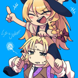 Rule 34 | +++, 2girls, :d, black hat, blonde hair, blue background, blush, bow, braid, brown bow, brown shirt, carrying, character name, clenched teeth, commentary request, cookie (touhou), eyes visible through hair, full body, green eyes, hair between eyes, hat, highres, index finger raised, joker (cookie), kirisame marisa, long bangs, long hair, medium bangs, melanin shikiso, mizuhashi parsee, multiple girls, open mouth, pointy ears, round teeth, scarf, shirt, short hair, shoulder carry, simple background, single braid, skirt, skirt set, smile, socks, squiggle, suzu (cookie), teeth, touhou, upper body, upper teeth only, v-shaped eyebrows, white scarf, white shirt, white socks, witch hat