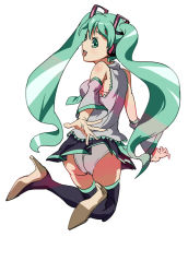 Rule 34 | 1girl, boots, detached sleeves, full body, green eyes, green hair, hatsune miku, high heels, kneeling, long hair, looking back, matching hair/eyes, necktie, open mouth, panties, pantyshot, shoes, simple background, skirt, solo, thigh boots, thighhighs, twintails, underwear, upskirt, very long hair, vocaloid, white background, yamai chuu