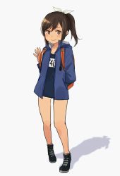 Rule 34 | 1girl, anchor symbol, annin musou, backpack, bad id, bad twitter id, bag, black footwear, blue jacket, brown eyes, brown hair, full body, hair ornament, hair ribbon, highres, i-401 (kancolle), jacket, kantai collection, name tag, open clothes, open jacket, ponytail, ribbon, shadow, shoes, simple background, sneakers, solo, standing, swimsuit, swimsuit under clothes, tan, tanline, waving, white background, white ribbon