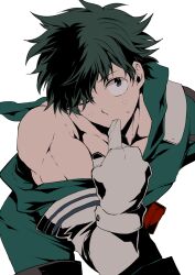 Rule 34 | 1boy, agehrak, bent over, biceps, bodysuit, boku no hero academia, finger to mouth, freckles, gloves, green bodysuit, green hair, hand on own hip, hood, hooded bodysuit, looking at viewer, male focus, midoriya izuku, multicolored hair, off shoulder, one eye closed, open mouth, solo, spiked hair, split-color hair, white background