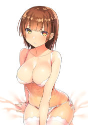 Rule 34 | 1girl, android, bare arms, bare shoulders, bed sheet, blush, body (bacoborn), bow, bow panties, bra, breasts, brown hair, cleavage, collarbone, commentary request, hair ornament, hairclip, highres, large breasts, looking at viewer, mecha musume, original, panties, parted lips, side-tie panties, sitting, solo, thighhighs, transparent, underwear, white background, white bra, white panties, white thighhighs, yellow eyes
