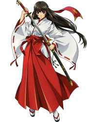 Rule 34 | 00s, 1girl, black hair, brown eyes, brown hair, female focus, headband, highres, holding, holding sword, holding weapon, japanese clothes, long hair, long sleeves, looking at viewer, low-tied long hair, miko, official art, queen&#039;s blade, sandals, serious, sheath, solo, sword, tabi, tomoe (queen&#039;s blade), unsheathing, very long hair, weapon, white background, wide sleeves