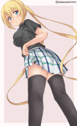 Rule 34 | 1girl, black shirt, black thighhighs, blend s, blonde hair, blue eyes, blush, breast pocket, breasts, brown background, commentary request, from below, hair between eyes, hinata kaho, long hair, looking at viewer, looking down, medium breasts, pink background, plaid, plaid skirt, pleated skirt, pocket, shirt, short sleeves, simple background, skirt, skirt hold, solo, tasora, thighhighs, twintails, twitter username, two-tone background, very long hair, white skirt