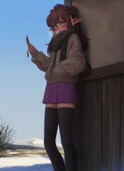 Rule 34 | 1girl, alternate costume, bad id, bad pixiv id, black necktie, black scarf, black thighhighs, blush, breath, brown eyes, brown hair, cellphone, hand in pocket, highres, himekaidou hatate, holding, holding phone, long hair, looking at viewer, miniskirt, mountain, necktie, ni (221), outdoors, parted lips, phone, pleated skirt, pointy ears, purple skirt, scarf, skirt, snow, solo, thighhighs, touhou, twintails, zettai ryouiki