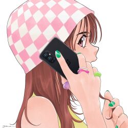 Rule 34 | 1990s (style), 1girl, beanie, cellphone, checkered clothes, checkered headwear, commentary, english commentary, from side, green nails, hat, holding, holding hair, holding phone, jewelry, long hair, looking back, multiple rings, open mouth, original, phone, pink eyes, retro artstyle, ring, shirt, signature, sleeveless, sleeveless shirt, smartphone, solo, white background, yue (yung n dum )